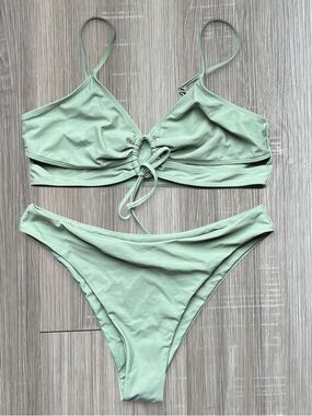 Mint green Zaful bikini set with adjustable straps and tie cutout details